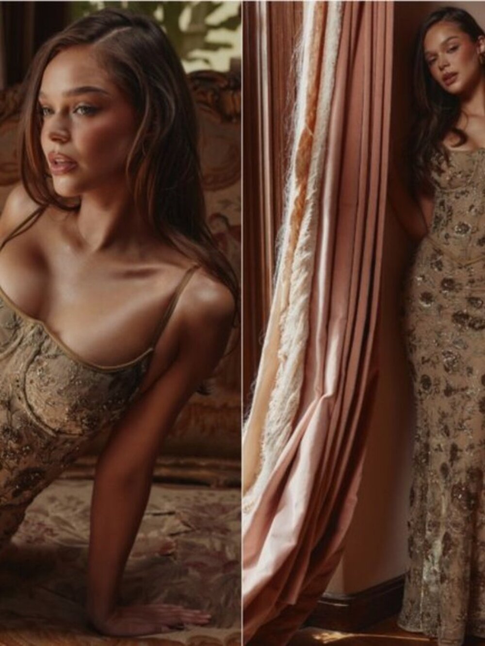 House of CB Naima Olive Bronze Hand Beaded Embellished Corset Maxi Dress NWOT